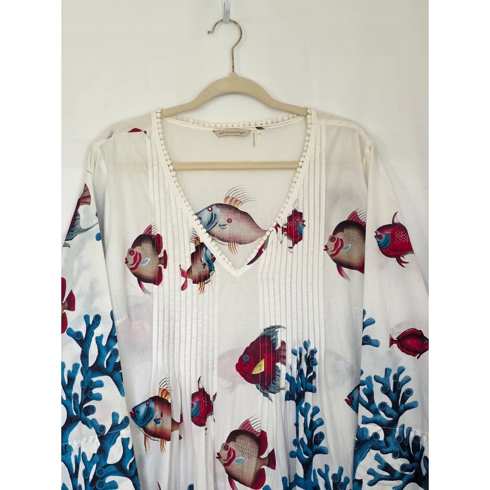 Soft Surroundings Plus Size Tunic Dress Seychelles Fish Coral 1X Beaded Hem - Picture 3 of 13